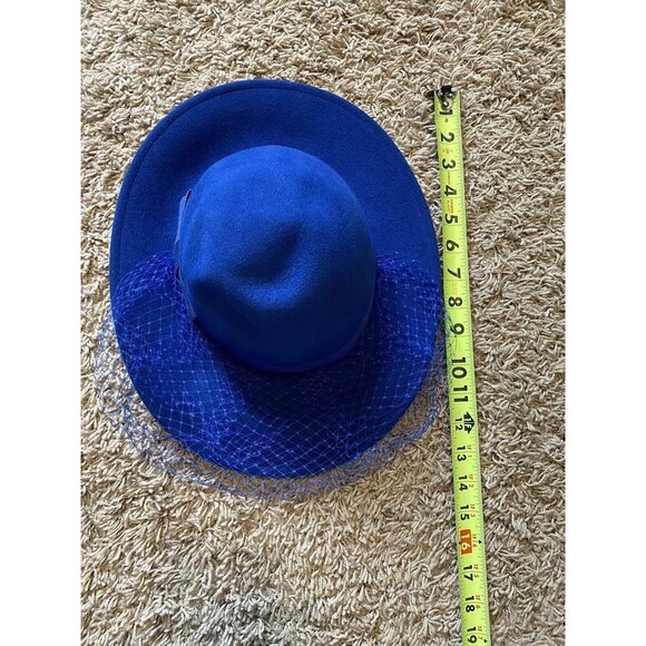 Vintage Lancaster Hat Womens Fedora Blue 100% Wool Netting Bow USA Church - Picture 7 of 10